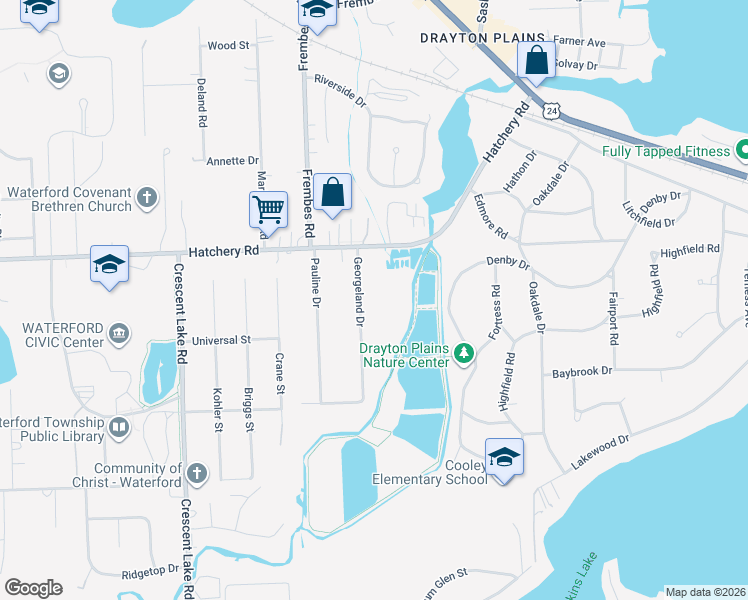 map of restaurants, bars, coffee shops, grocery stores, and more near 2406 Georgeland Dr in Waterford Township