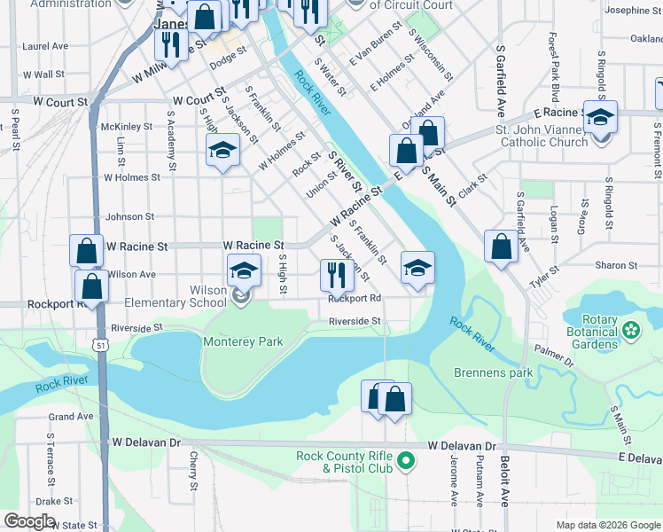 map of restaurants, bars, coffee shops, grocery stores, and more near 601 Chestnut Street in Janesville