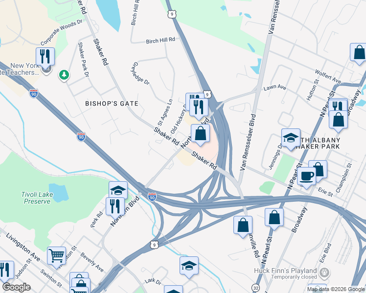 map of restaurants, bars, coffee shops, grocery stores, and more near Shaker Rd & Northern Blvd in Albany