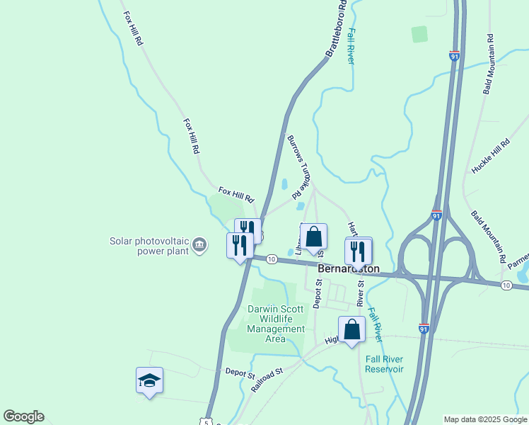 map of restaurants, bars, coffee shops, grocery stores, and more near 28 Brattleboro Road in Bernardston