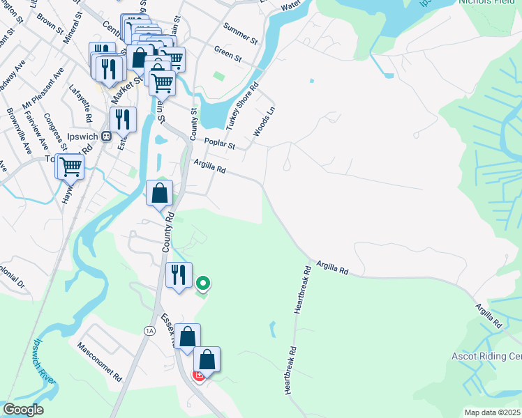 map of restaurants, bars, coffee shops, grocery stores, and more near 37 Argilla Road in Ipswich