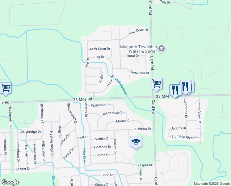 map of restaurants, bars, coffee shops, grocery stores, and more near 21525 23 Mile Road in Macomb
