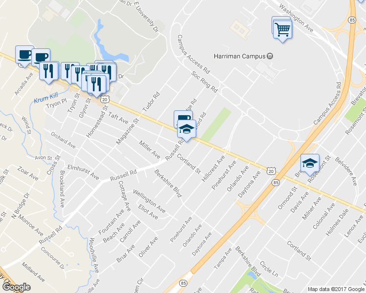 map of restaurants, bars, coffee shops, grocery stores, and more near 9 Russell Road in Albany