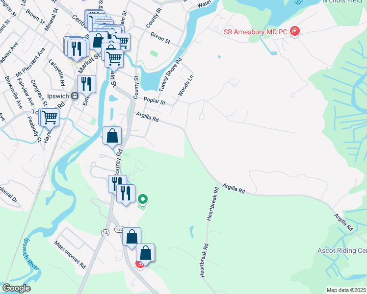 map of restaurants, bars, coffee shops, grocery stores, and more near 37 Argilla Road in Ipswich
