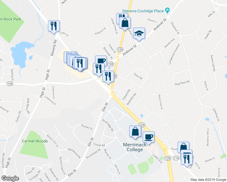 map of restaurants, bars, coffee shops, grocery stores, and more near 246 Turnpike Street in North Andover