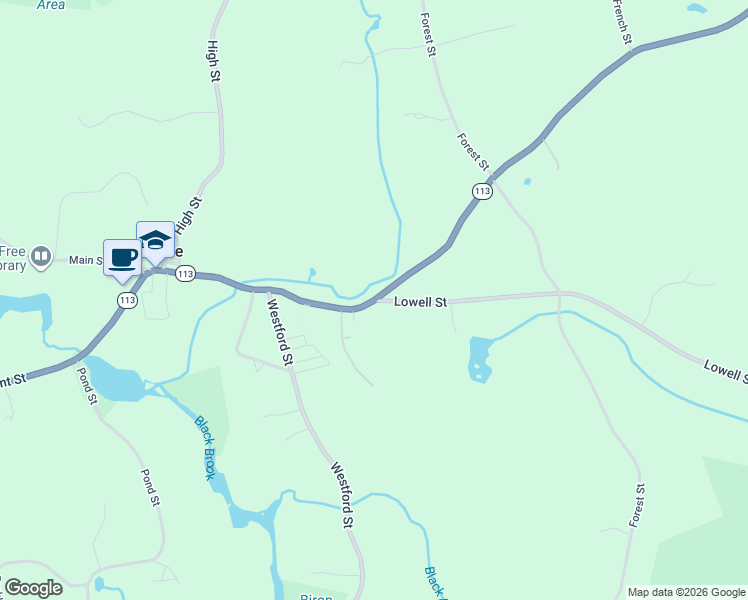 map of restaurants, bars, coffee shops, grocery stores, and more near 396 Main Street in Dunstable