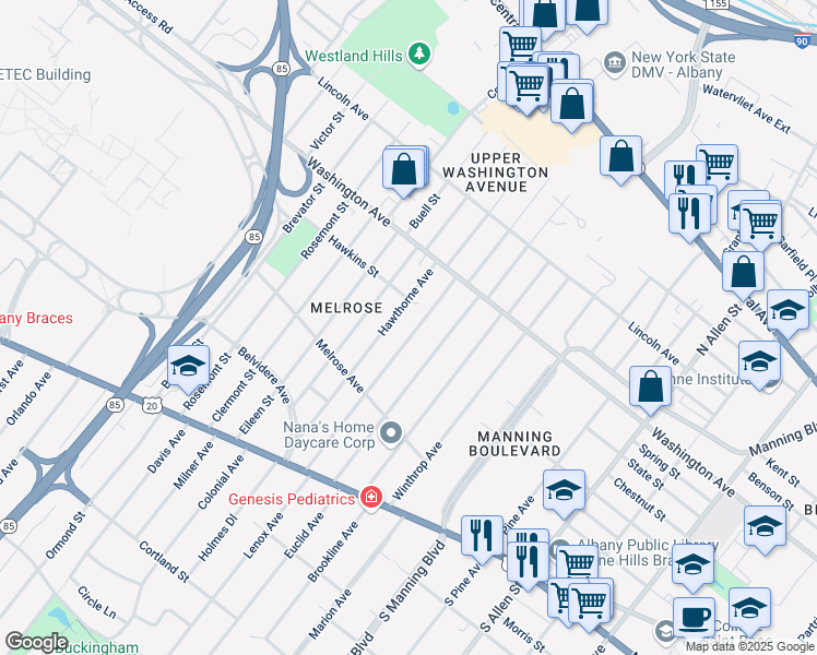 map of restaurants, bars, coffee shops, grocery stores, and more near 142 Fairlawn Avenue in Albany