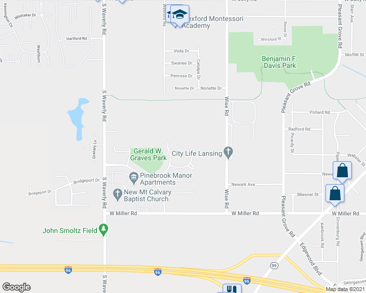 map of restaurants, bars, coffee shops, grocery stores, and more near 3401 Braeburn Drive in Lansing