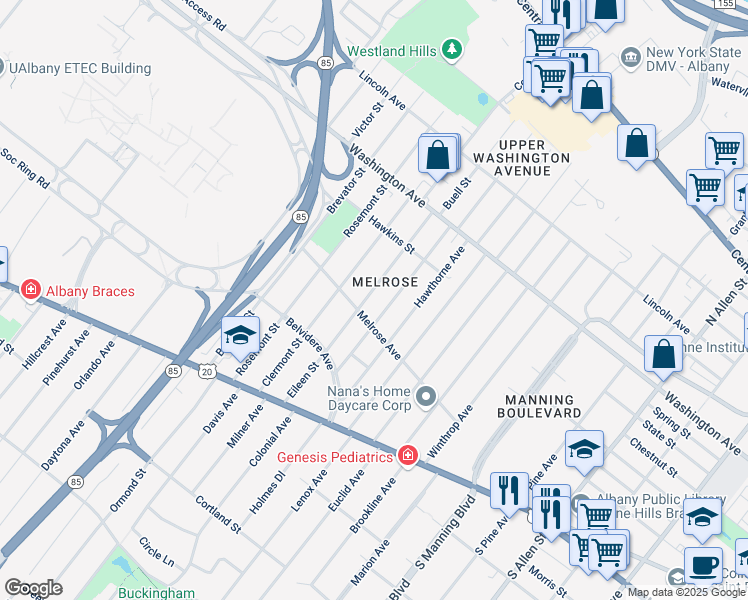 map of restaurants, bars, coffee shops, grocery stores, and more near 71 Eileen Street in Albany