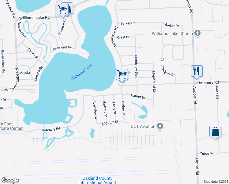 map of restaurants, bars, coffee shops, grocery stores, and more near 6570 Hatchery Road in Oakland County