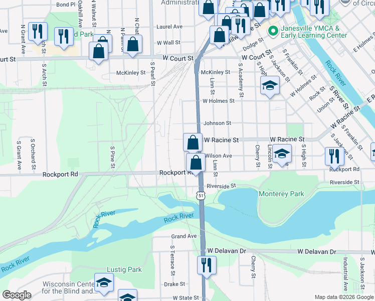 map of restaurants, bars, coffee shops, grocery stores, and more near 519 South Washington Street in Janesville