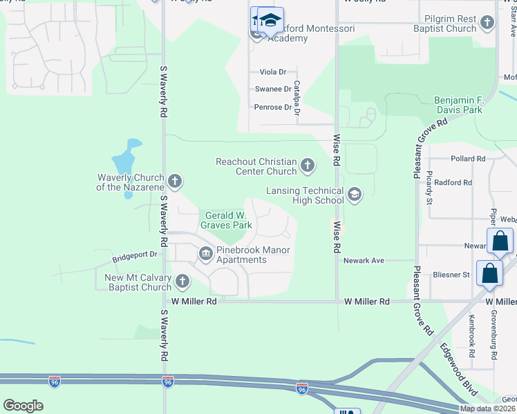 map of restaurants, bars, coffee shops, grocery stores, and more near 5809 Monticello Drive in Lansing