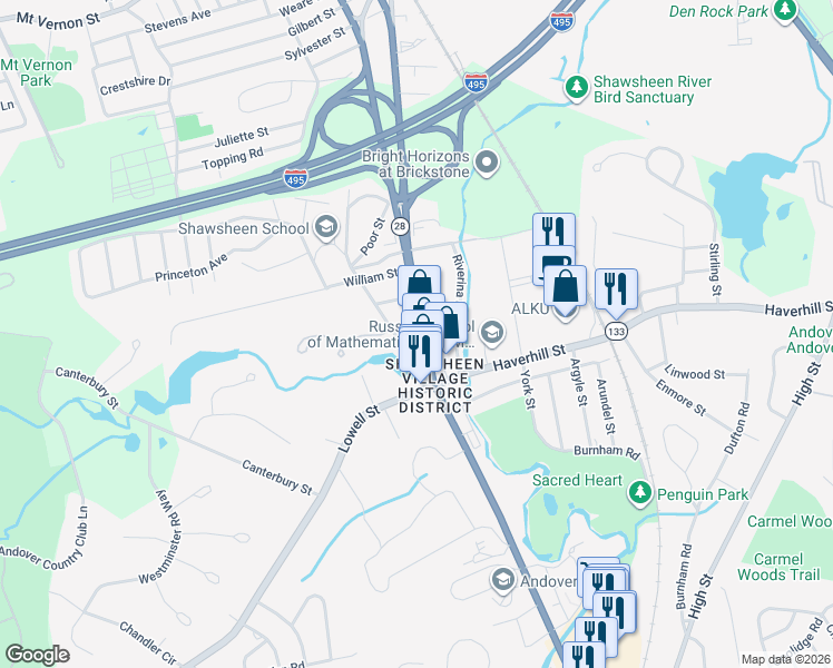 map of restaurants, bars, coffee shops, grocery stores, and more near 348 Massachusetts 28 in Andover