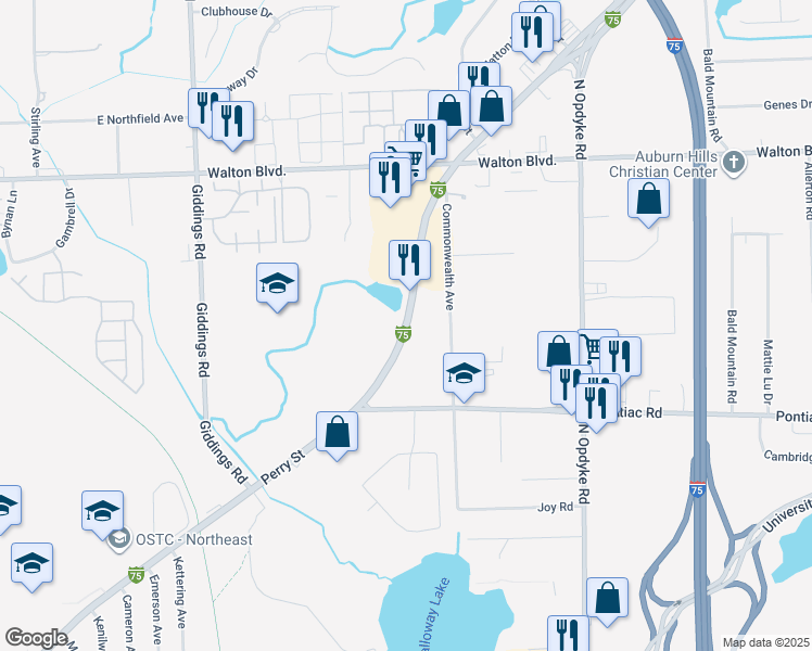 map of restaurants, bars, coffee shops, grocery stores, and more near 1821 N Perry St in Pontiac