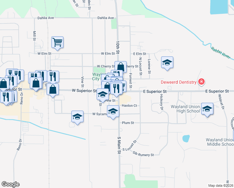 map of restaurants, bars, coffee shops, grocery stores, and more near 112 South Main Street in Wayland