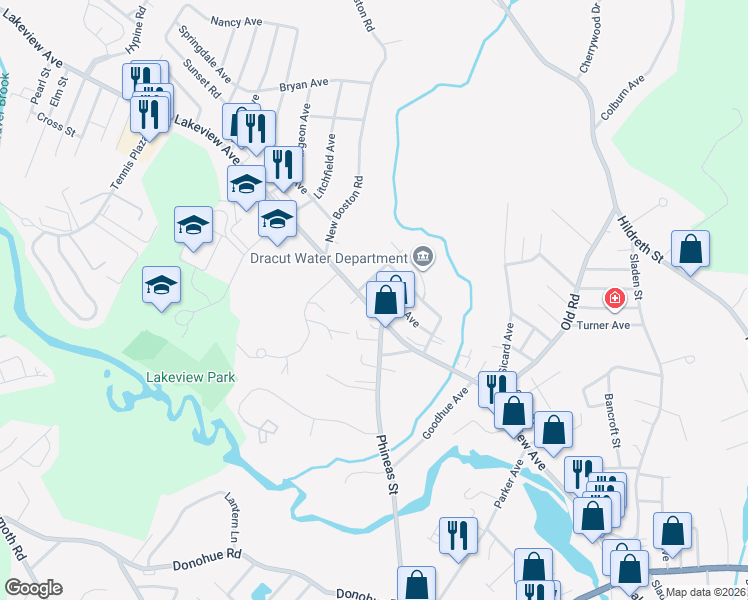 map of restaurants, bars, coffee shops, grocery stores, and more near 1459 Lakeview Avenue in Dracut
