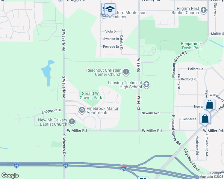 map of restaurants, bars, coffee shops, grocery stores, and more near 3300 Radford Drive in Lansing