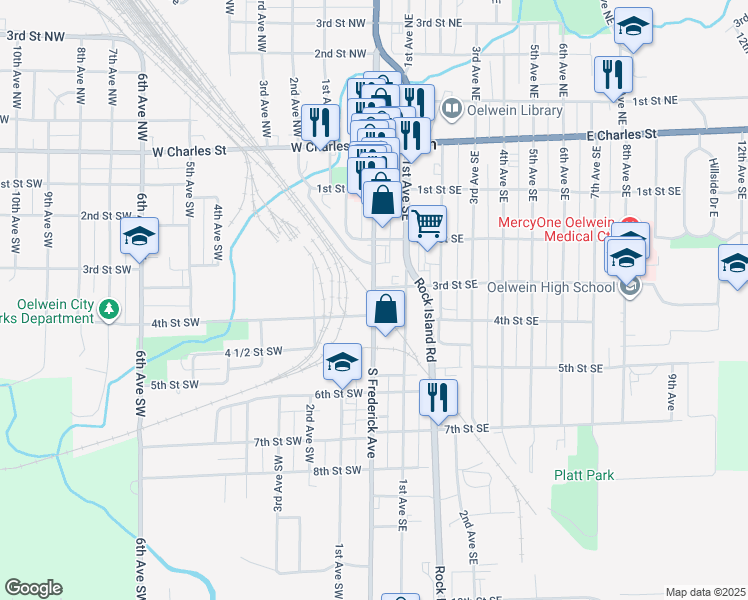 map of restaurants, bars, coffee shops, grocery stores, and more near 300 South Frederick Avenue in Oelwein