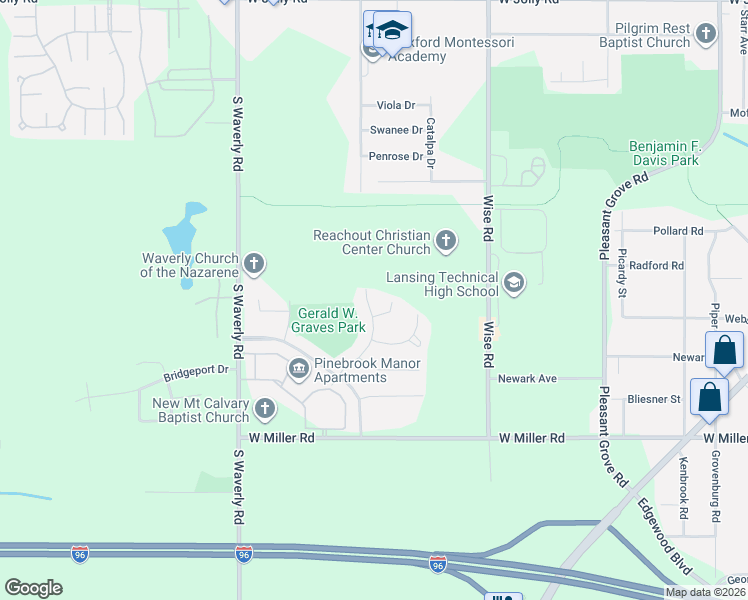 map of restaurants, bars, coffee shops, grocery stores, and more near 5809 Monticello Drive in Lansing