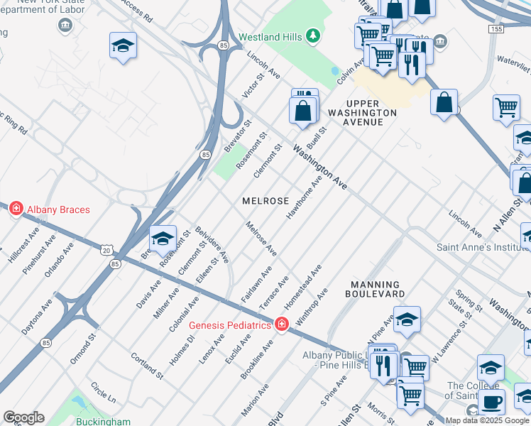 map of restaurants, bars, coffee shops, grocery stores, and more near 54 Edgewood Avenue in Albany