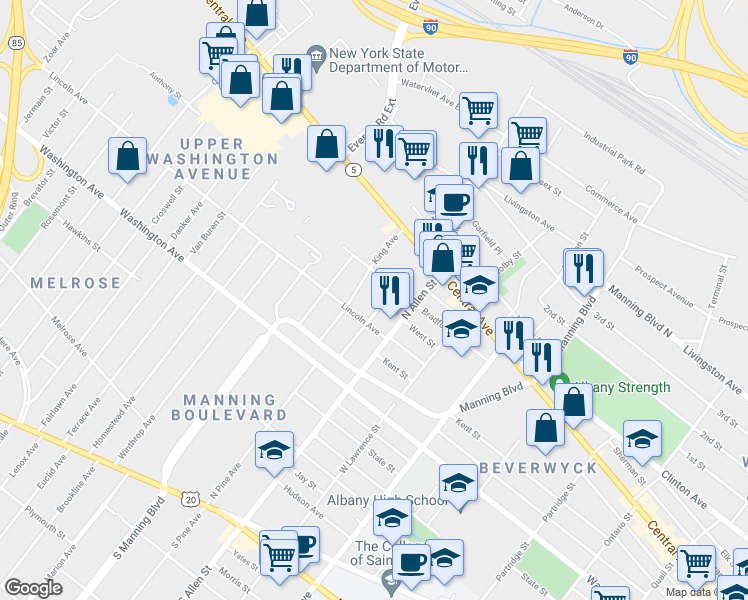 map of restaurants, bars, coffee shops, grocery stores, and more near 53 Buchanan Street in Albany