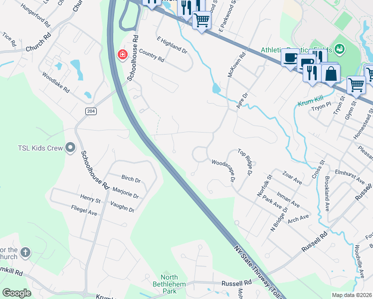 map of restaurants, bars, coffee shops, grocery stores, and more near 312 Ridgewood Circle in Albany