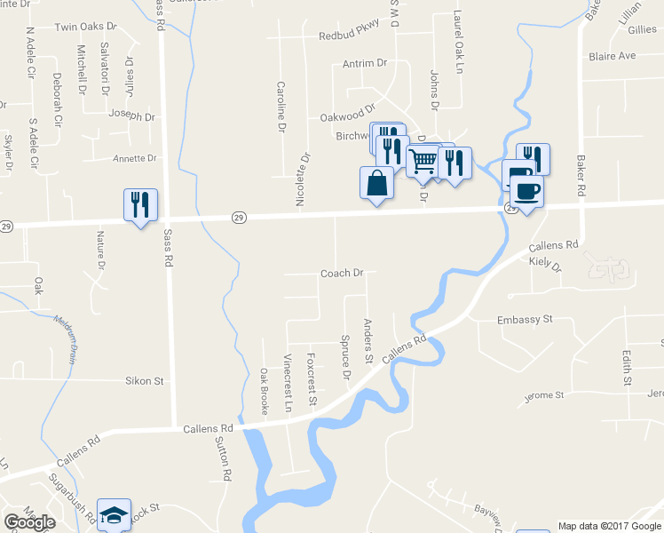 map of restaurants, bars, coffee shops, grocery stores, and more near 32735 Coach Drive in New Baltimore