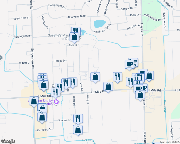 map of restaurants, bars, coffee shops, grocery stores, and more near 51391 West End Drive in Macomb County