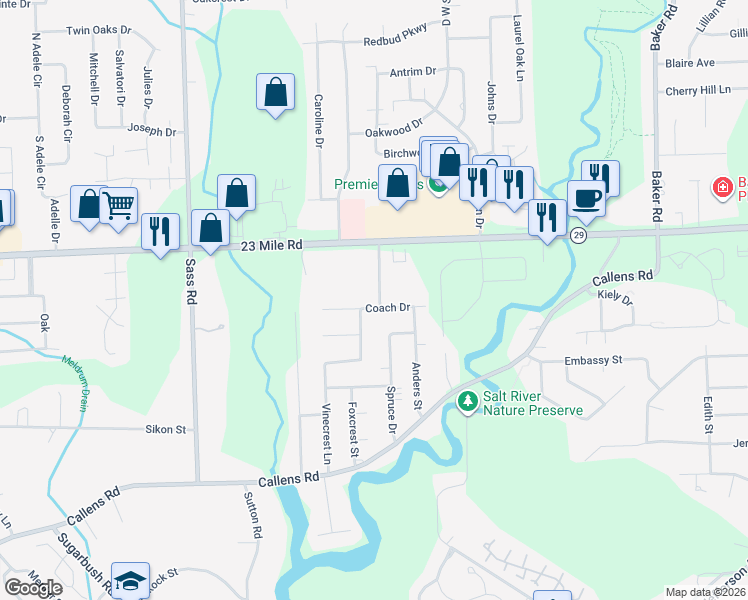 map of restaurants, bars, coffee shops, grocery stores, and more near 32735 Coach Drive in New Baltimore