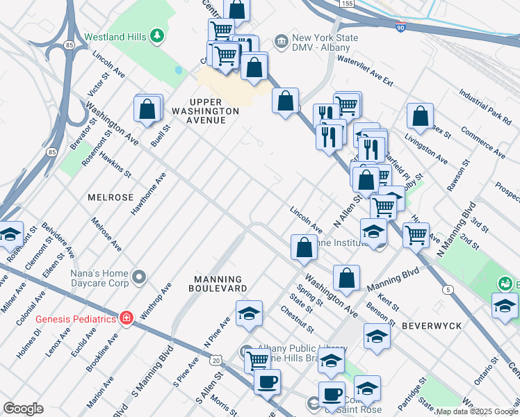 map of restaurants, bars, coffee shops, grocery stores, and more near 17 Cleveland Street in Albany