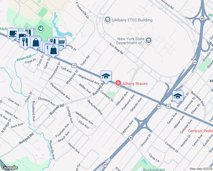 map of restaurants, bars, coffee shops, grocery stores, and more near 9 Russell Road in Albany