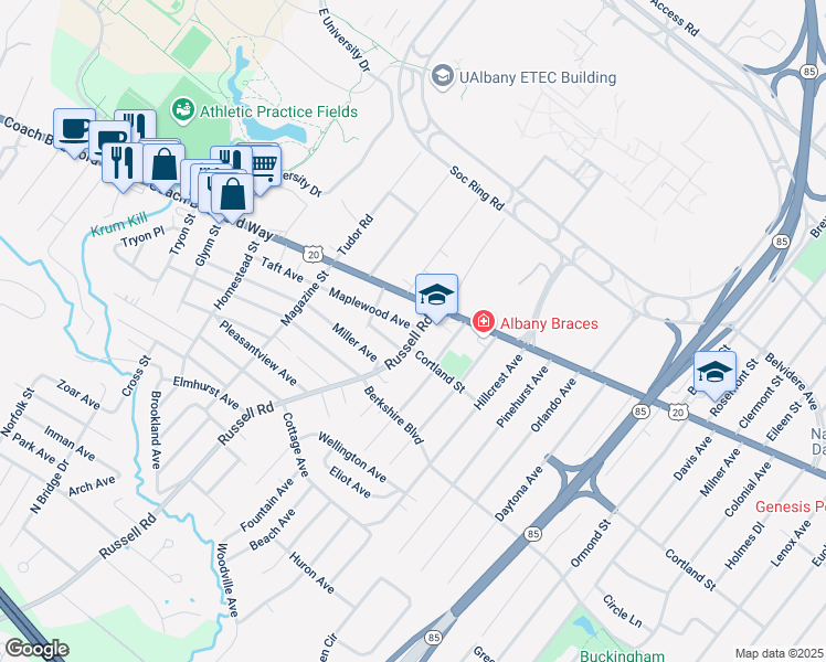map of restaurants, bars, coffee shops, grocery stores, and more near 9 Russell Road in Albany