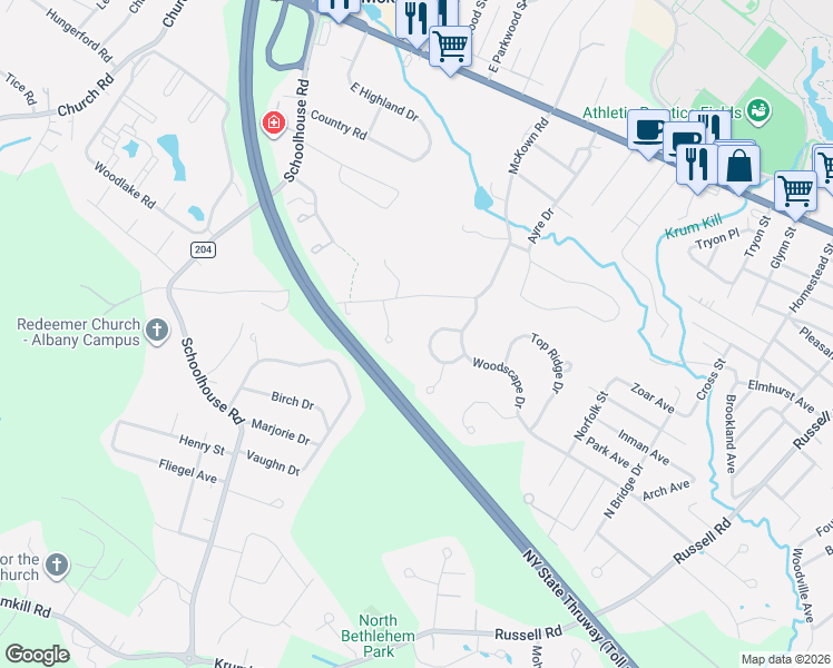 map of restaurants, bars, coffee shops, grocery stores, and more near 312 Ridgewood Circle in Albany