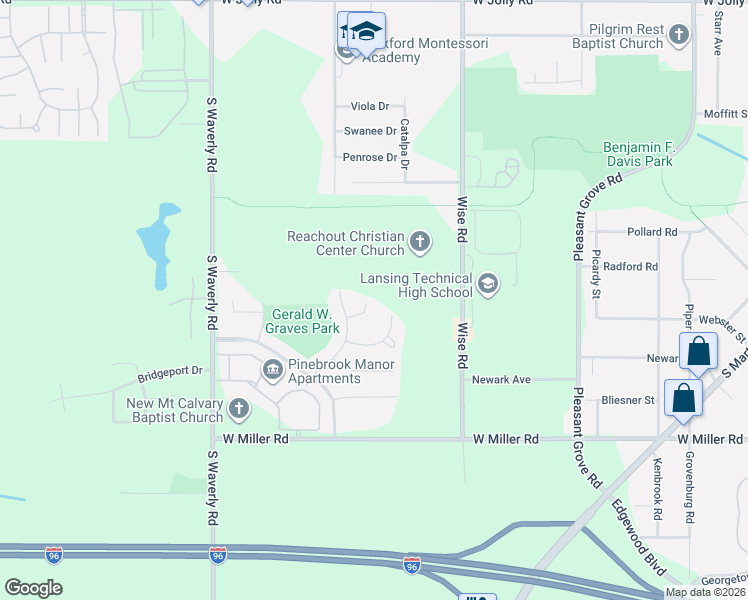 map of restaurants, bars, coffee shops, grocery stores, and more near 3300 Radford Drive in Lansing