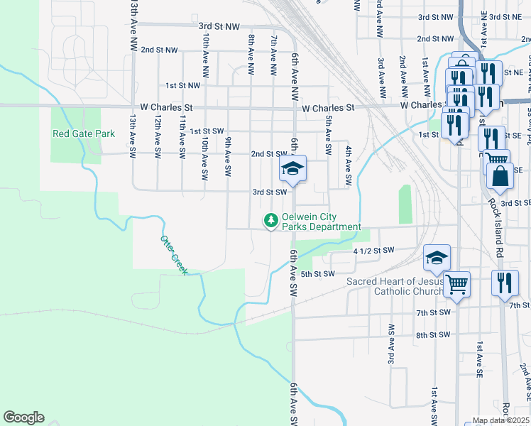 map of restaurants, bars, coffee shops, grocery stores, and more near 301-399 7th Avenue Southwest in Oelwein