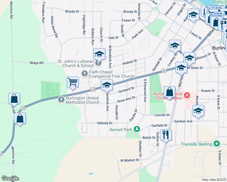 map of restaurants, bars, coffee shops, grocery stores, and more near 546 Orchard Street in Burlington