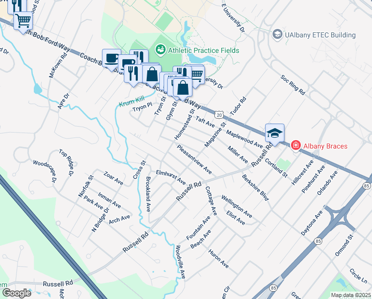 map of restaurants, bars, coffee shops, grocery stores, and more near 67 Pleasantview Ave in Albany