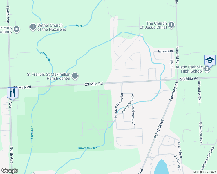 map of restaurants, bars, coffee shops, grocery stores, and more near 24510 23 Mile Road in Macomb