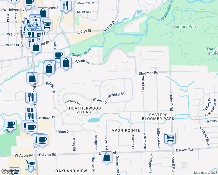 map of restaurants, bars, coffee shops, grocery stores, and more near 425 Thronridge Drive in Rochester Hills