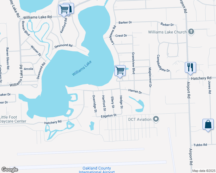 map of restaurants, bars, coffee shops, grocery stores, and more near 6570 Hatchery Road in Waterford Township