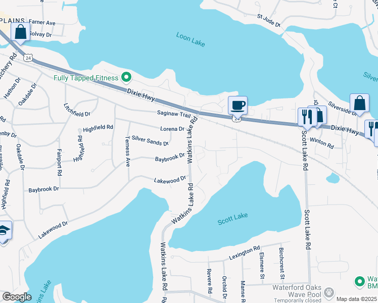 map of restaurants, bars, coffee shops, grocery stores, and more near 3325 Watkins Lake Rd in Waterford Township