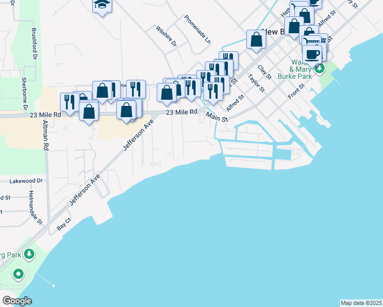 map of restaurants, bars, coffee shops, grocery stores, and more near 35550 Hamer Street in New Baltimore