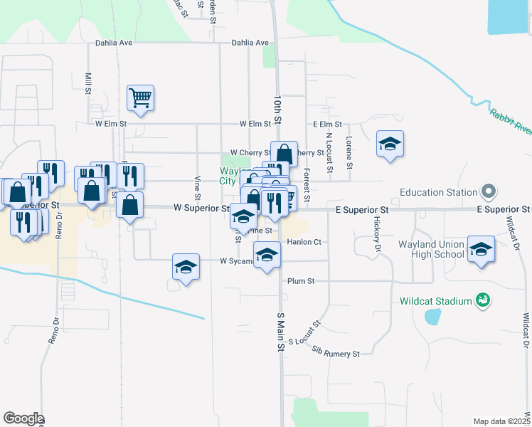 map of restaurants, bars, coffee shops, grocery stores, and more near 125 West Superior Street in Wayland