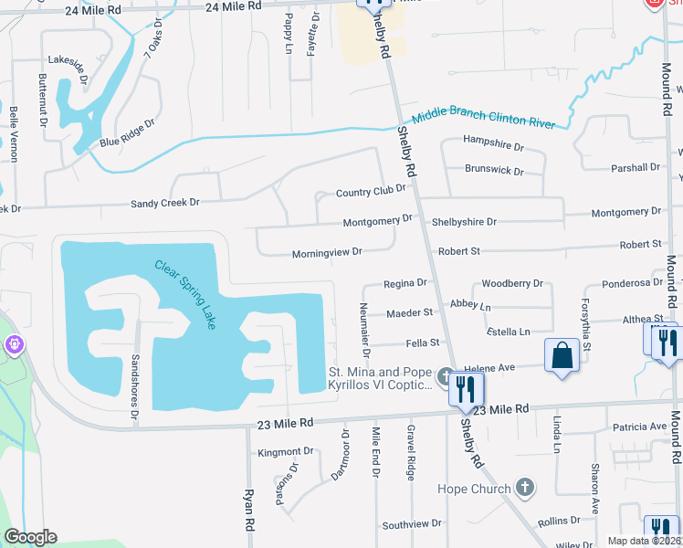 map of restaurants, bars, coffee shops, grocery stores, and more near 4483 Regina Drive in Macomb County