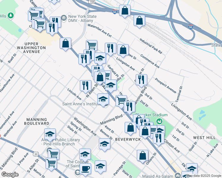 map of restaurants, bars, coffee shops, grocery stores, and more near 607 Central Avenue in Albany