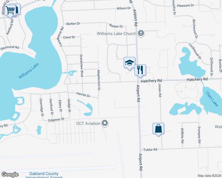 map of restaurants, bars, coffee shops, grocery stores, and more near 6137 Hatchery Road in Waterford Township
