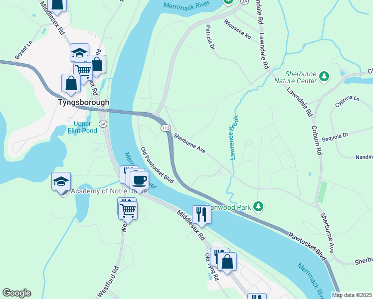 map of restaurants, bars, coffee shops, grocery stores, and more near 25 Sherburne Avenue in Tyngsborough