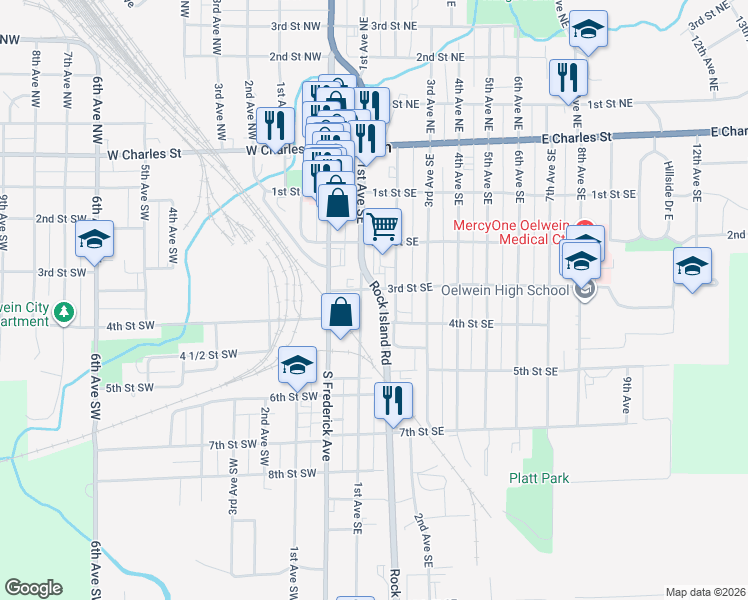 map of restaurants, bars, coffee shops, grocery stores, and more near 300 Rock Island Road in Oelwein