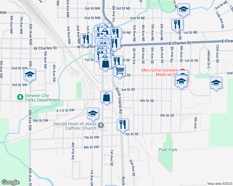 map of restaurants, bars, coffee shops, grocery stores, and more near 300 Rock Island Road in Oelwein