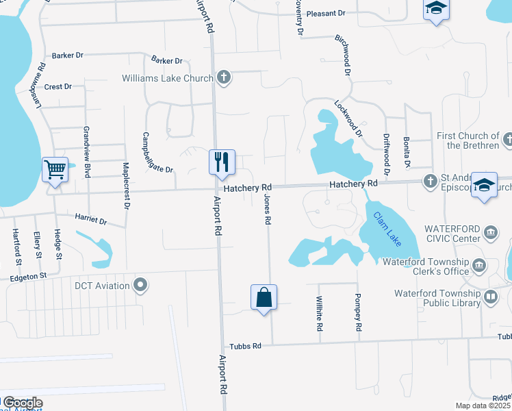 map of restaurants, bars, coffee shops, grocery stores, and more near 2450 Hatchery Road in Waterford Township